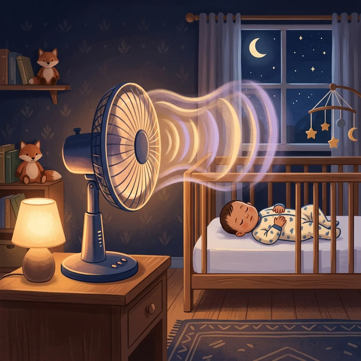 Ilustracao de um ventilador em quarto noturno emitindo ondas sonoras suaves que embalam o sono do bebe no berco.