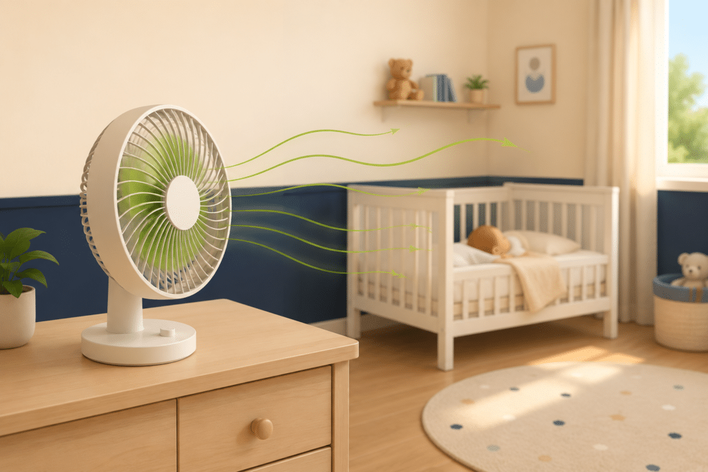ventilador de mesa em velocidade baixa no quarto do bebê, voltado para longe do berço.