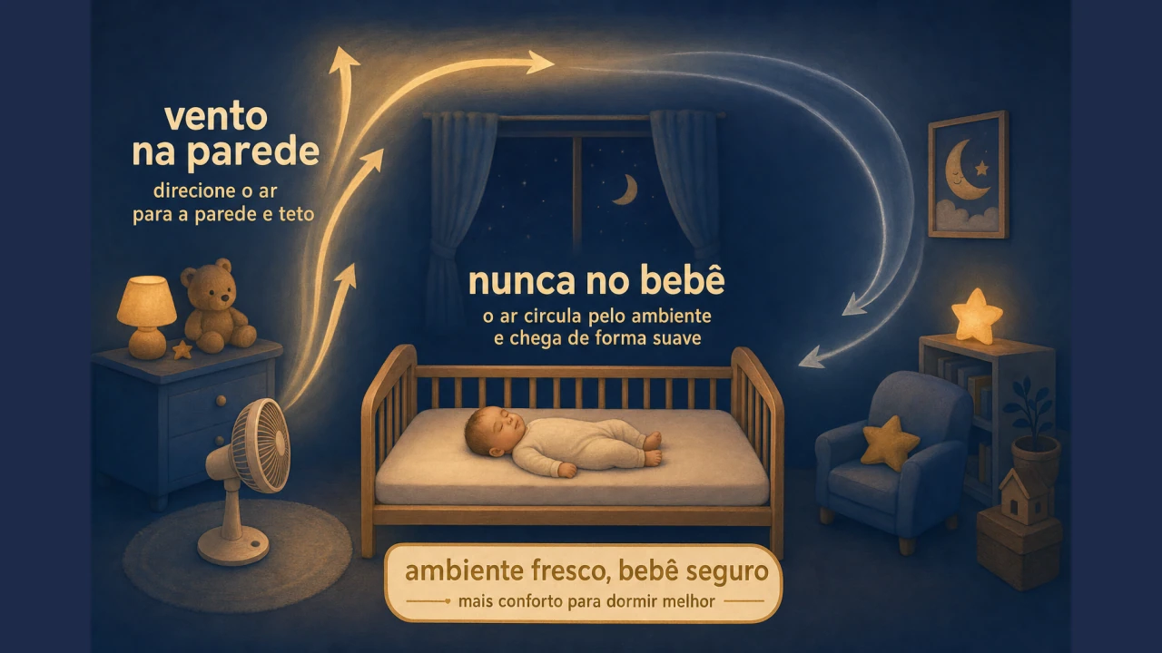 Diagrama ilustrado mostrando o fluxo de ar do ventilador direcionado para a parede e o teto, longe do berco do bebe.