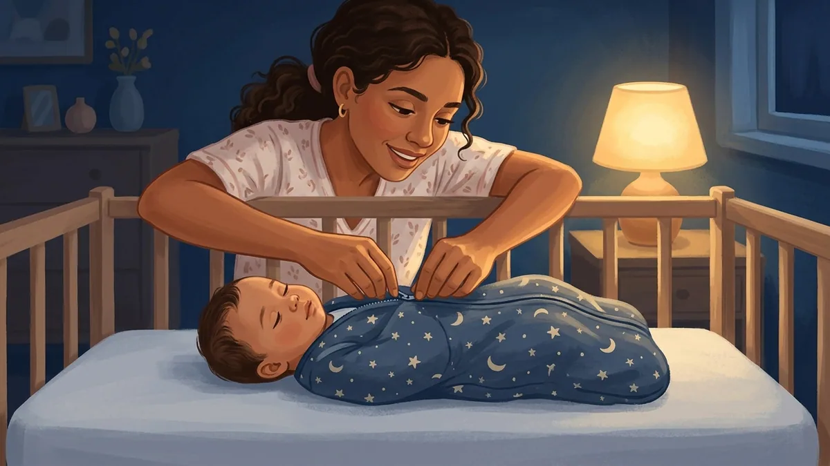 Mãe ajustando com carinho o saco de dormir de um bebê deitado de barriga para cima em um berço à noite, com luz suave de abajur.